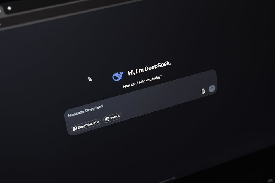Screen displaying AI chat interface DeepSeek on a dark background.