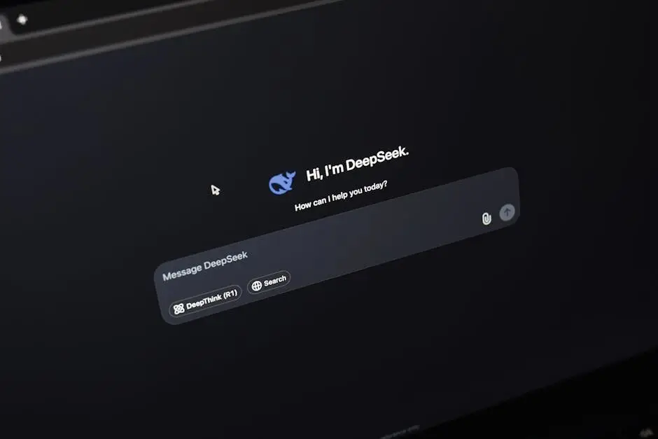 Screen displaying AI chat interface DeepSeek on a dark background.