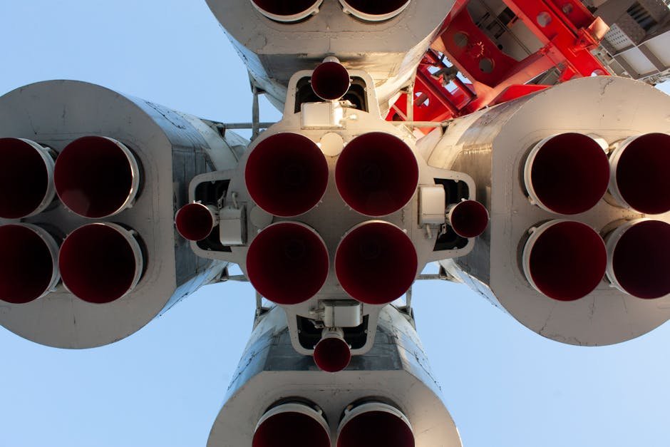 Dramatic close-up view of rocket engines, emphasizing space exploration and technology.