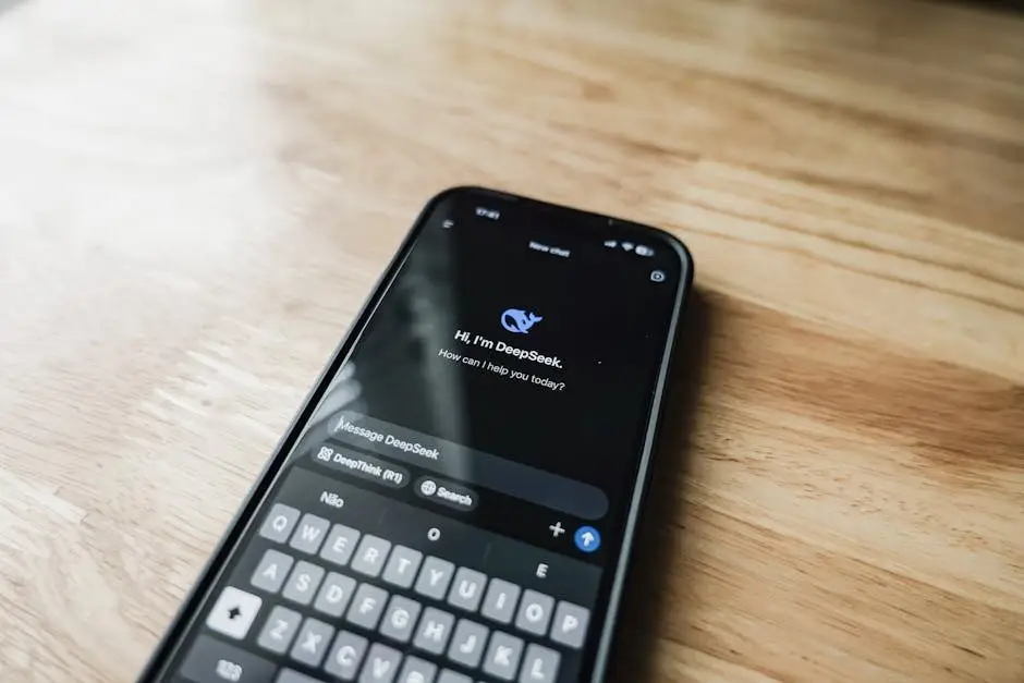 A smartphone displaying an AI chat interface, DeepSeek, on a wooden table.