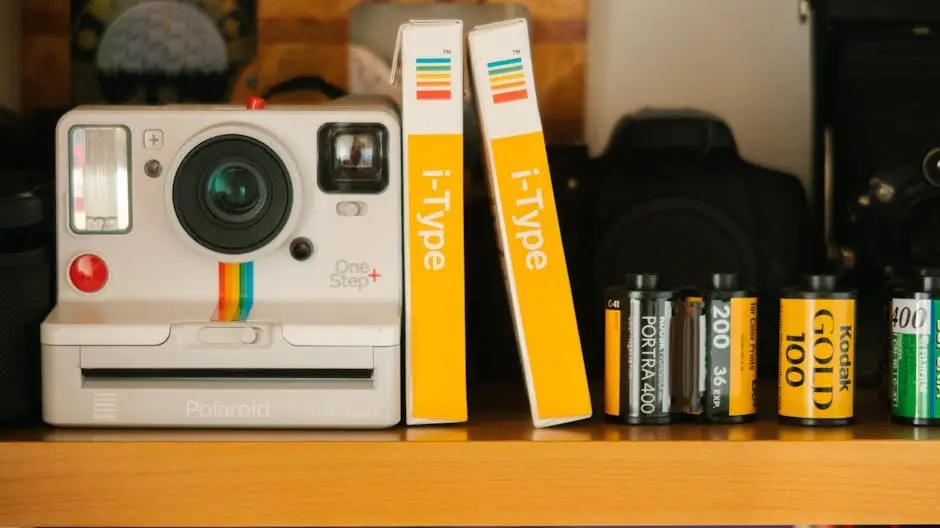 A classic Polaroid OneStep Plus camera with film rolls on a wooden shelf, showcasing retro photography equipment.