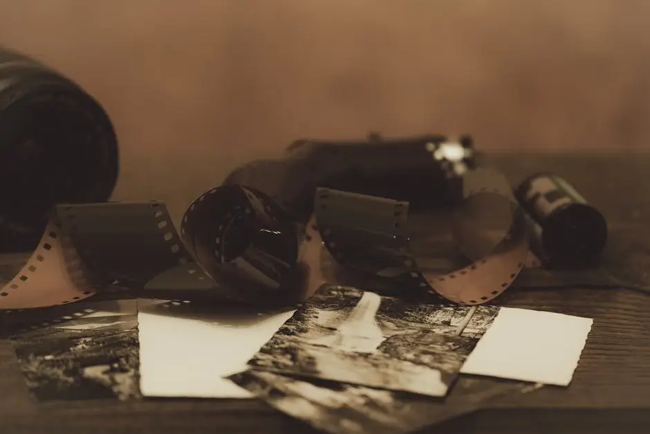 A close-up of vintage film negatives and monochrome photos on a wooden surface.