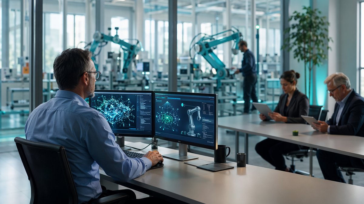 Busy manufacturing leaders review dashboards as AI adoption in manufacturing streamlines work and reduces staff