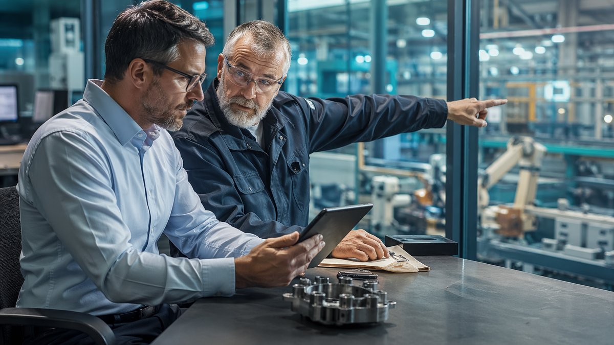 AI adoption in manufacturing shown with a manager overlooking automated factory data dashboards
