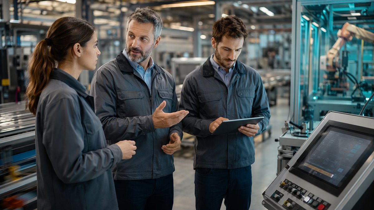 AI adoption in manufacturing with factory machinery and human worker silhouette balanced by digital interface