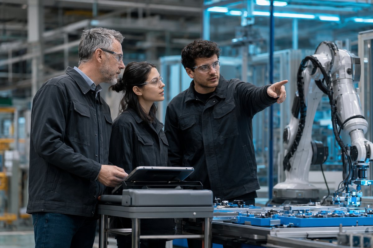 Manufacturer manager reviewing AI agent management dashboard beside factory workers and machinery