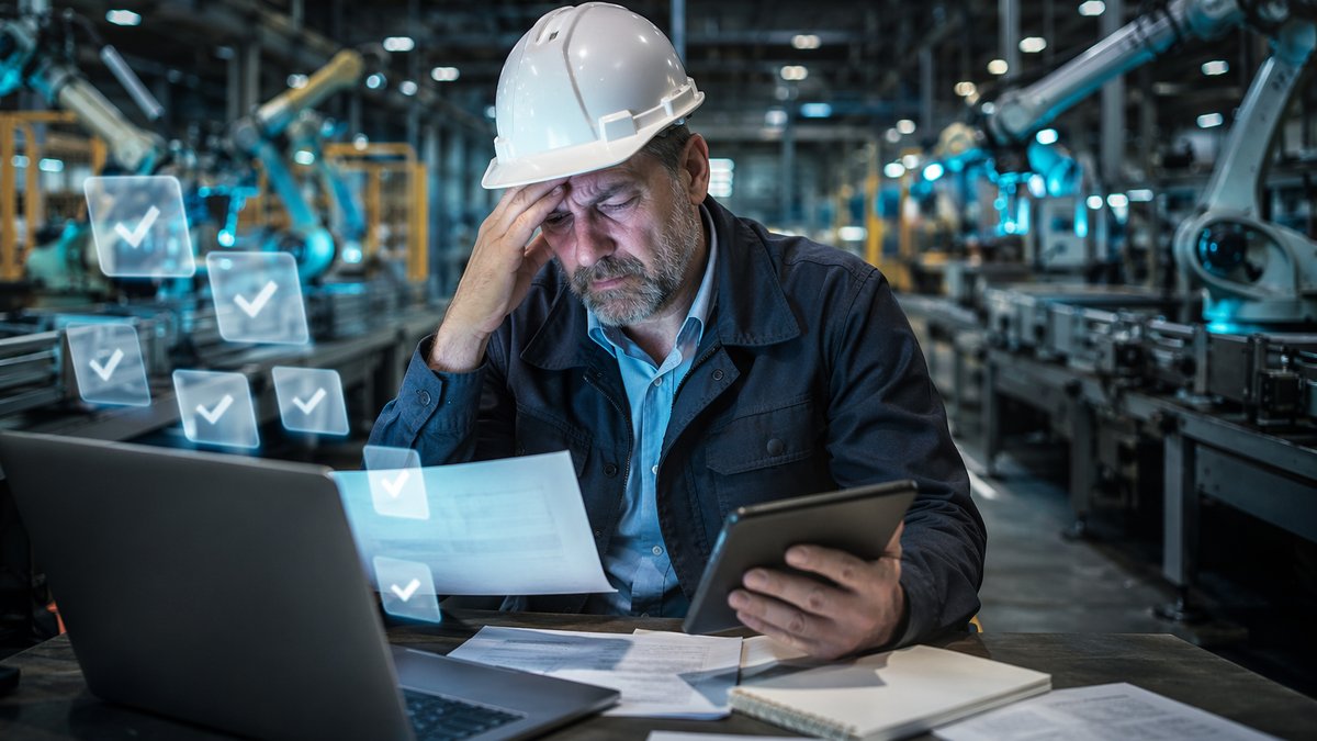 Factory worker reviewing multiple AI dashboard approval requests, showing AI agent permission fatigue