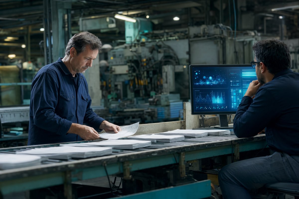 Factory workers reviewing paper charts beside old machinery, highlighting AI automation in manufacturing bottlenecks