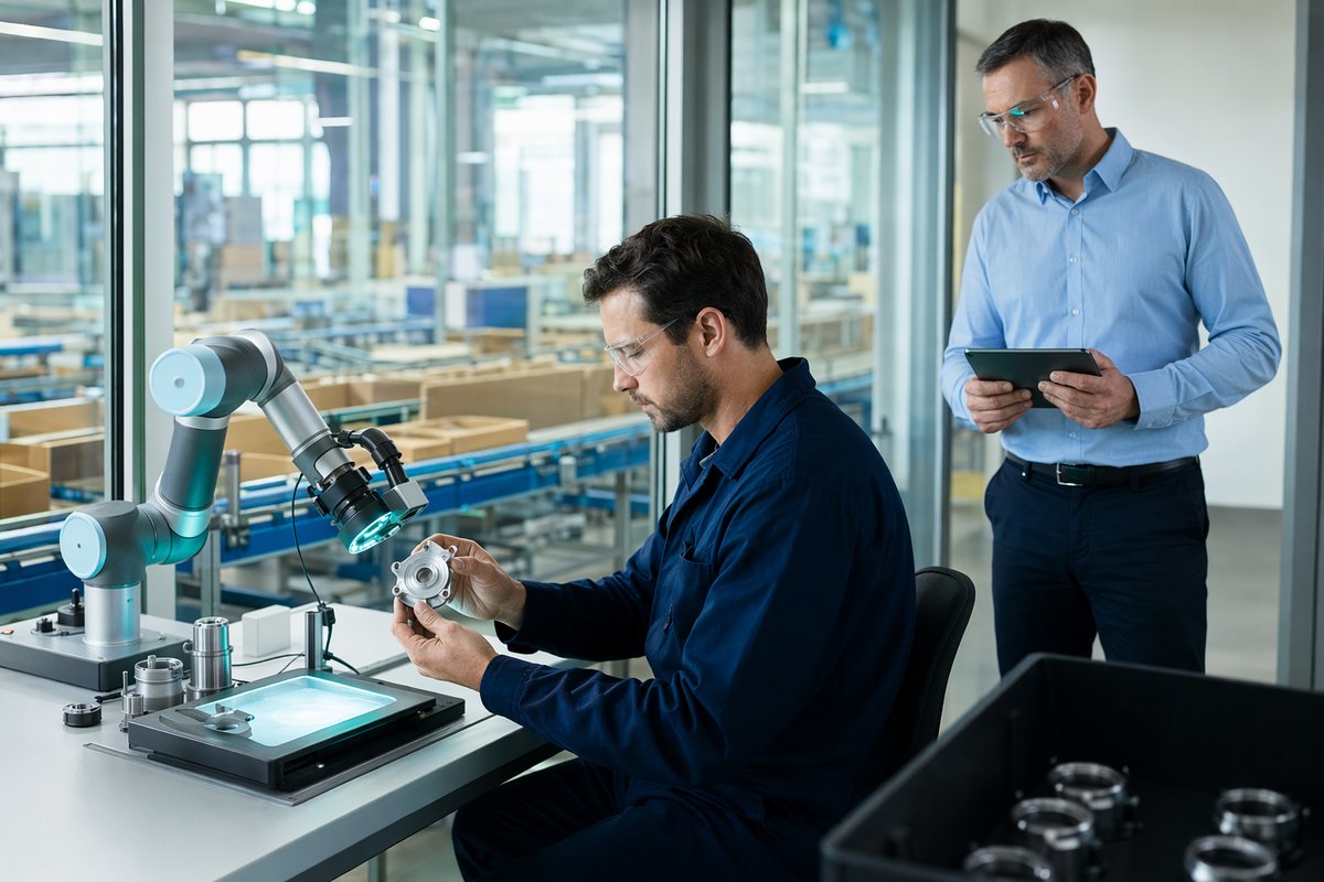 Factory technicians and quality analysts using AI automation in manufacturing to streamline inspections and workflows