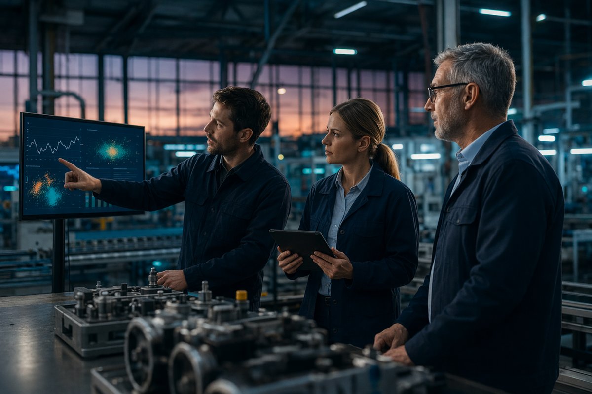 AI automation in manufacturing dashboard showing factory data charts and cost optimization metrics