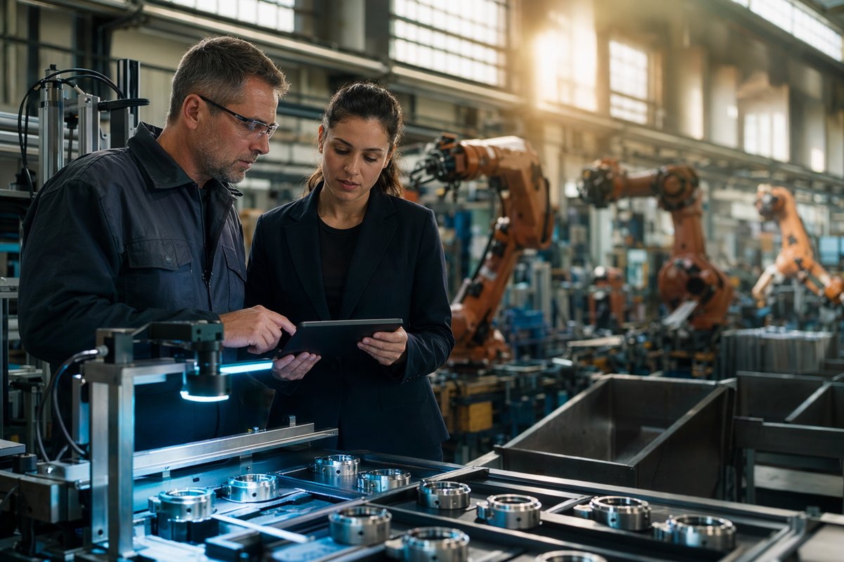 Factory dashboard showing AI automation in manufacturing with data quality warning icons