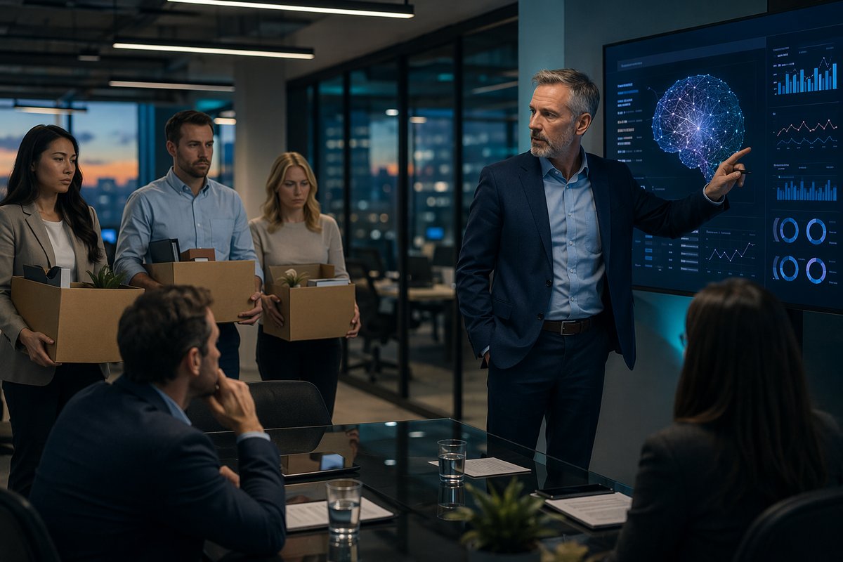 AI automation in the workplace illustrated with a laptop, chart, and office desk