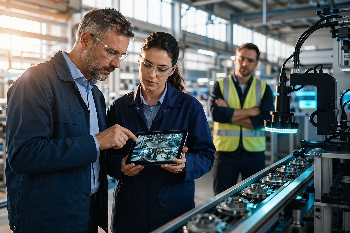 Manufacturing leader reviewing dashboard charts on AI concentration of power and governance decisions