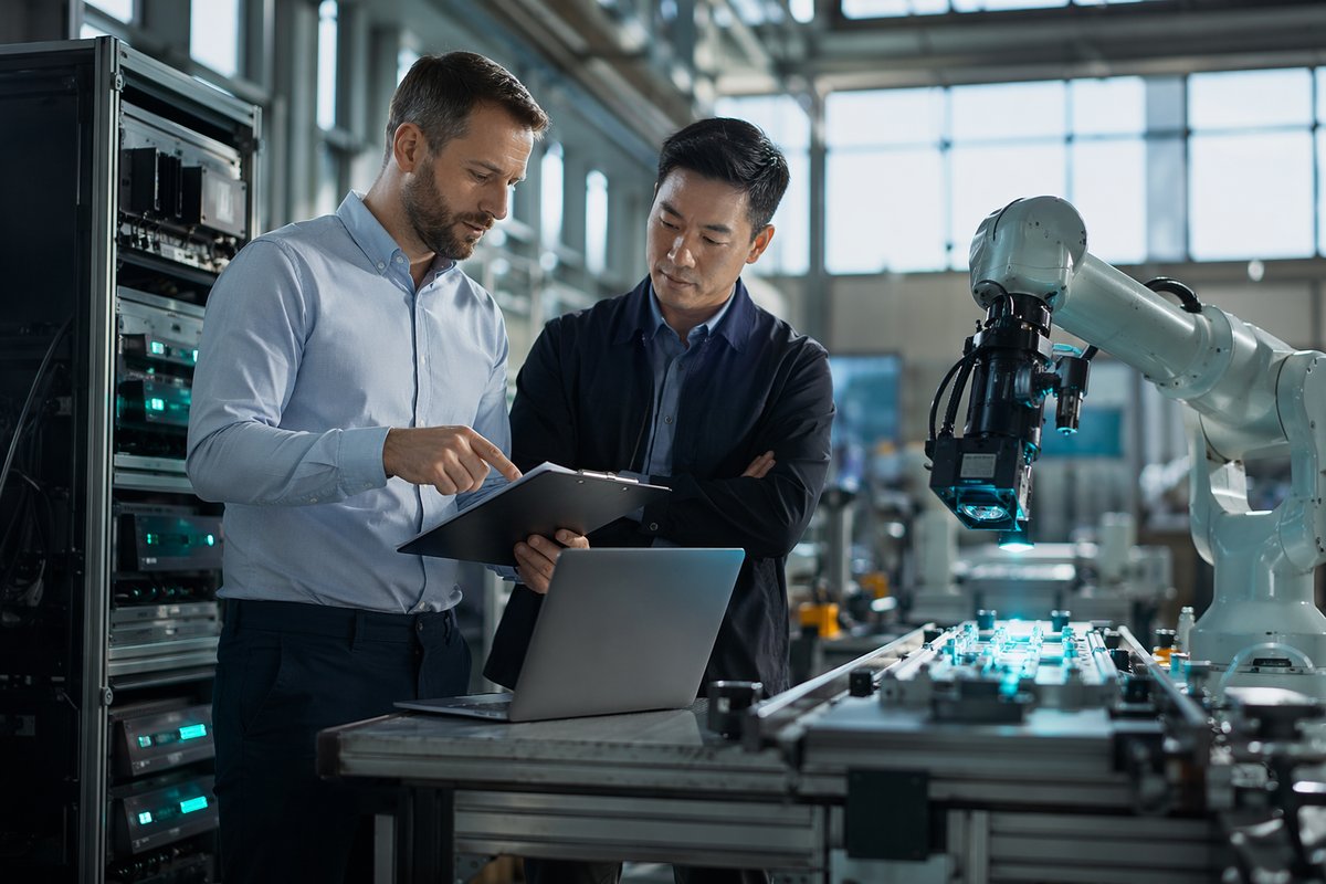 Business team reviewing AI concentration of power risks with oversight checklist and laptop