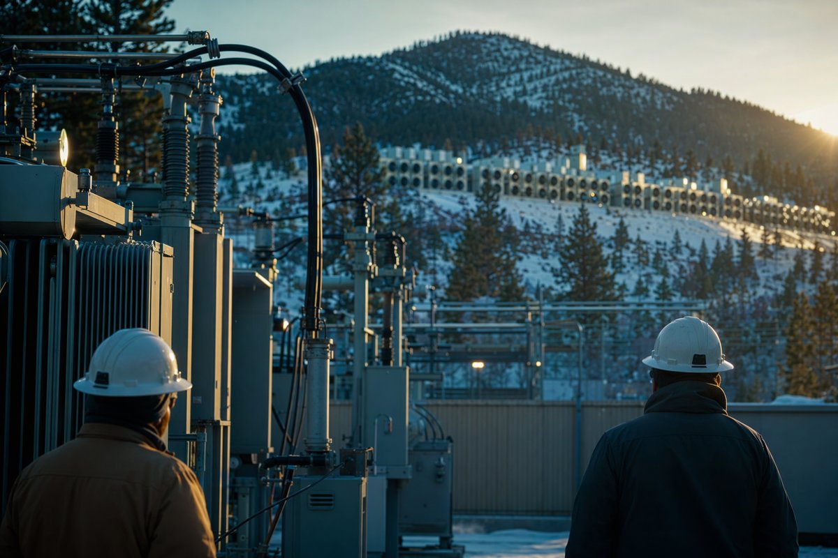 Lake Tahoe shoreline beside power lines illustrating AI data center energy demand strains