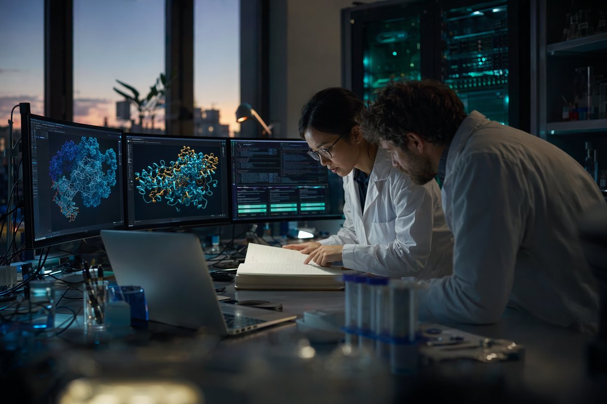 AI drug discovery models shown beside complex lab software and computing infrastructure
