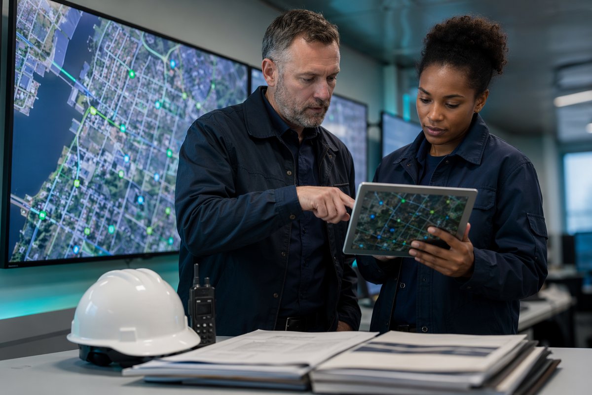 Operations team reviewing AI energy grid mapping dashboard with regional quality metrics