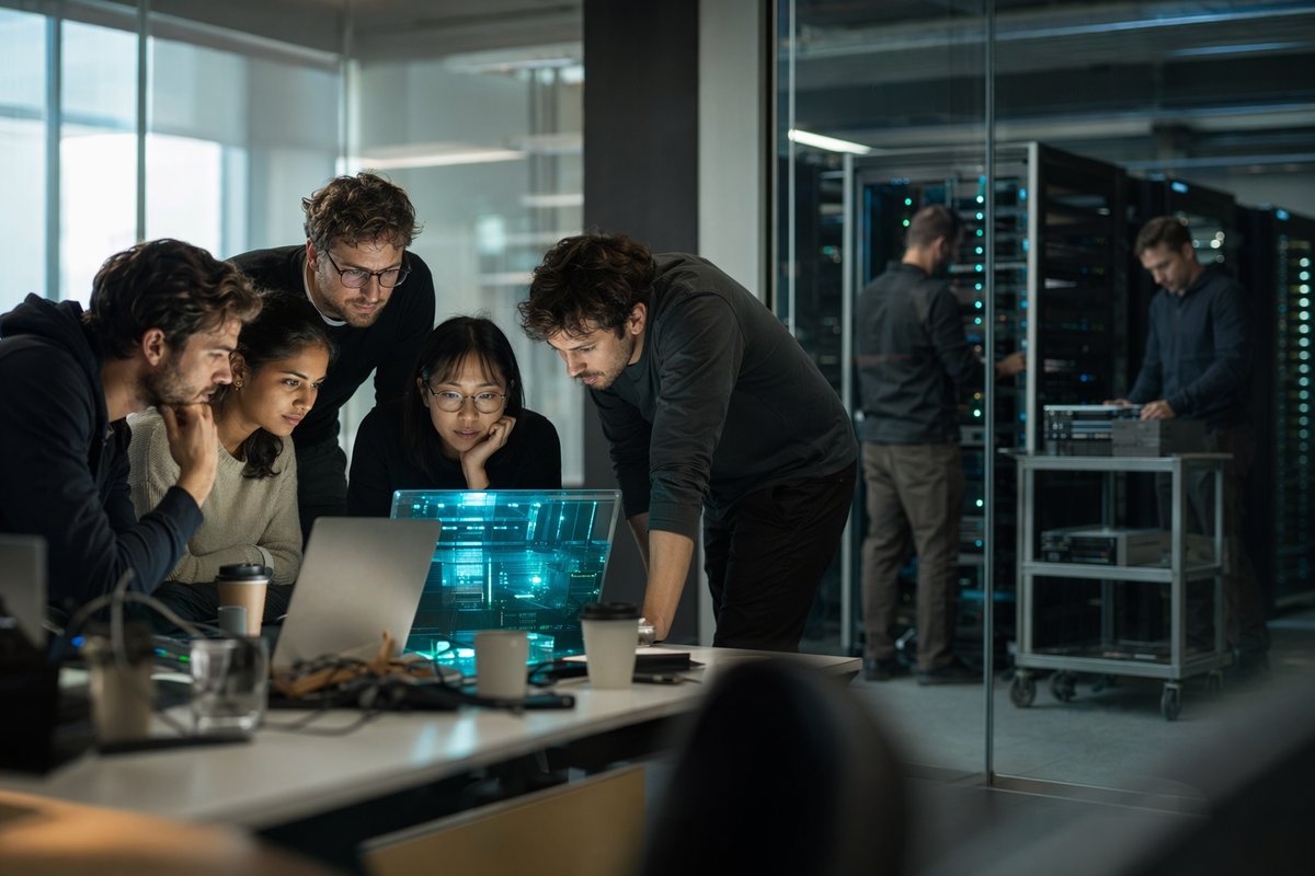 Split-screen of tech workers and glowing AI charts showing the AI gold rush divide
