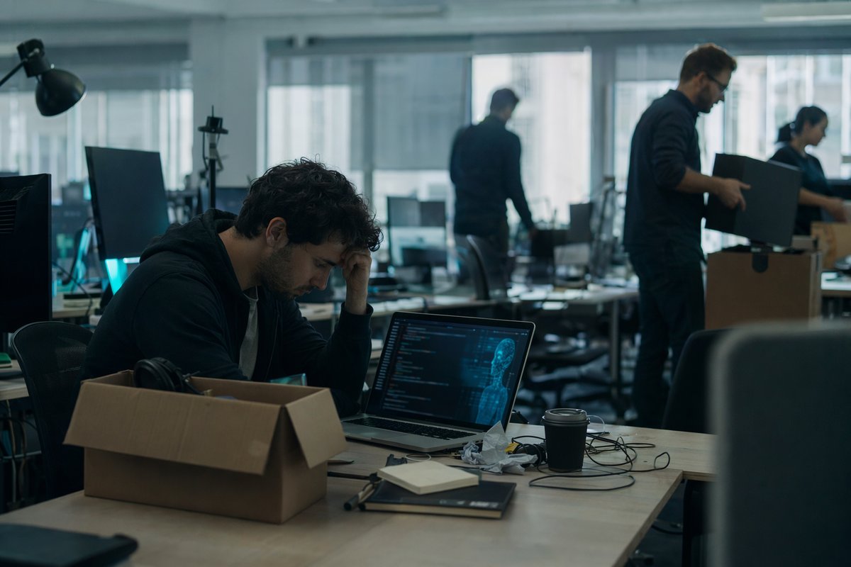 An exhausted software engineer sits at a desk during the AI gold rush