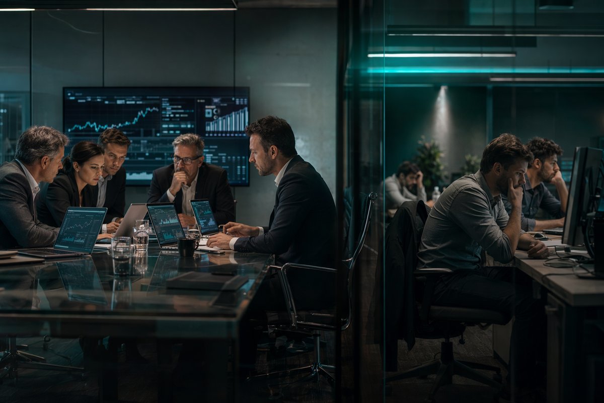 AI gold rush cover with divided tech leaders and workers under spotlight