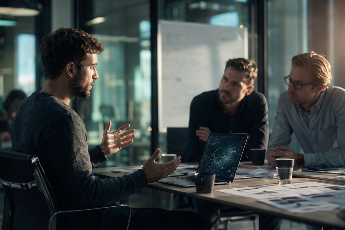 VCs scrutinize founders presenting AI pitch strategies during a startup fundraising meeting