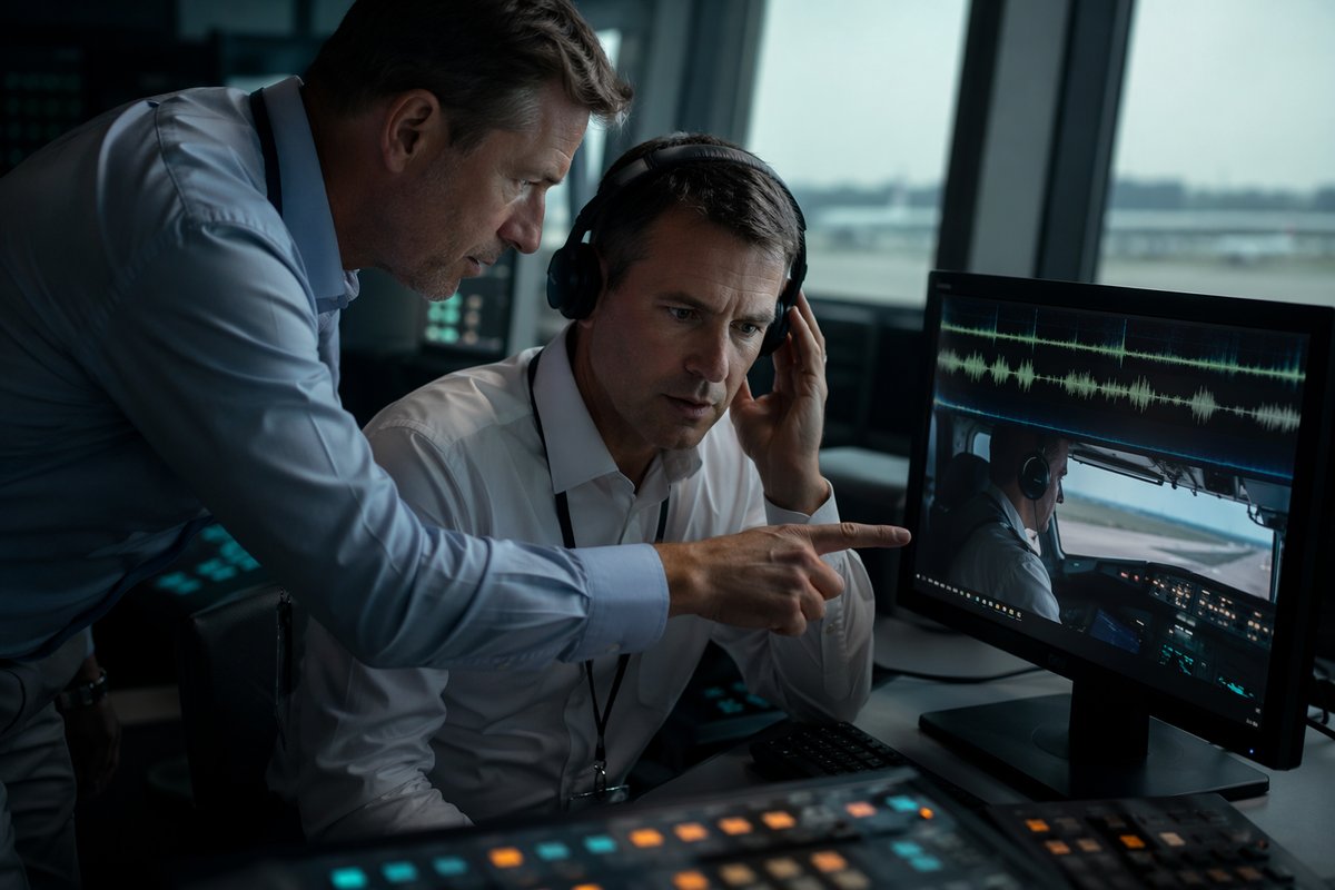 A pilot speaking into a headset beside cockpit controls with AI-generated pilot voices text overlay