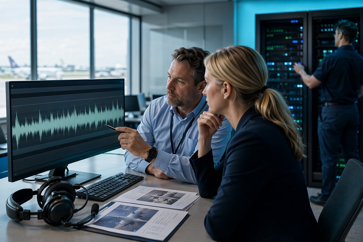 Quality manager reviewing AI-generated pilot voices dashboards for safety and data control