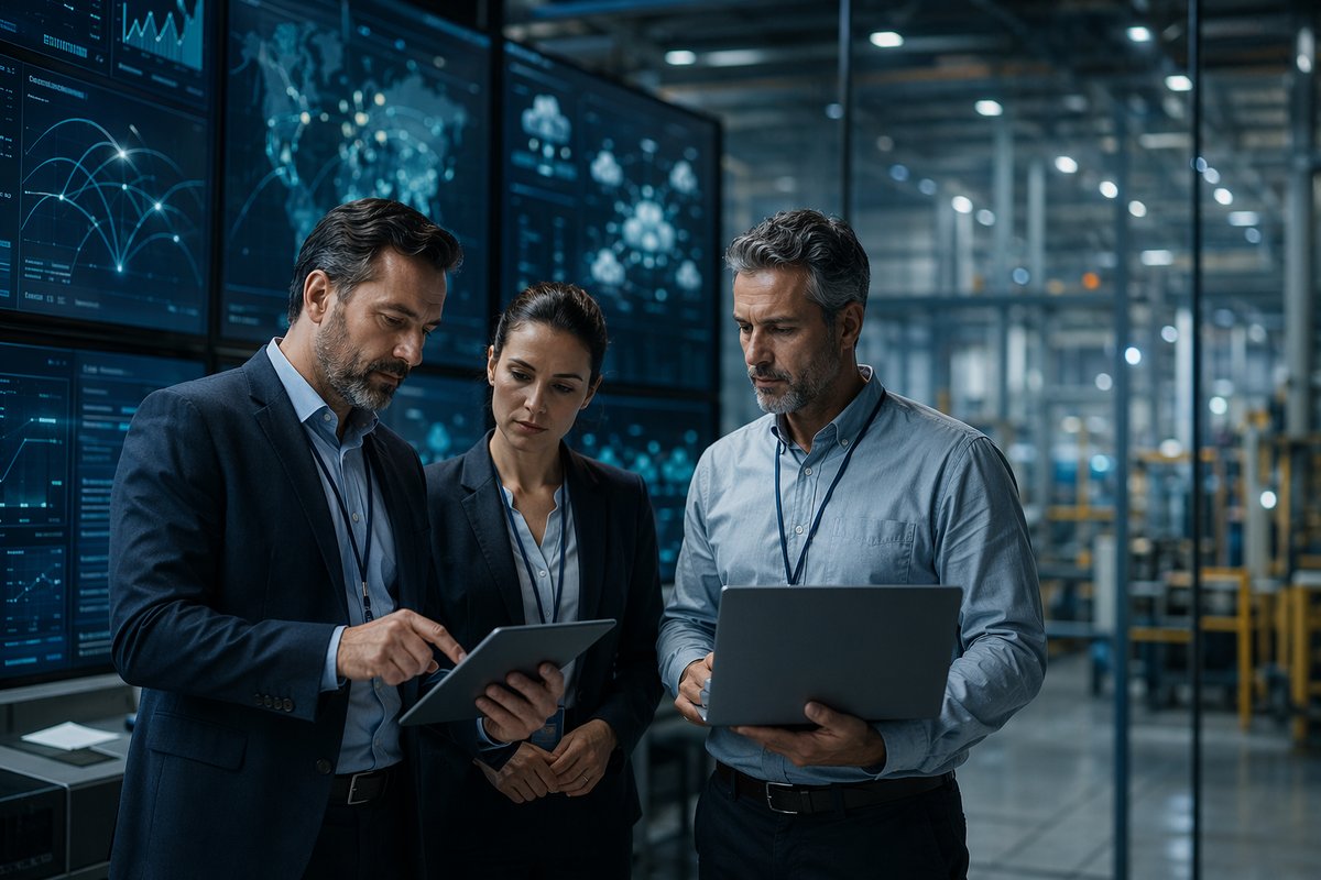 Manufacturing leader reviewing dashboard on AI security challenges with cloud shield icons