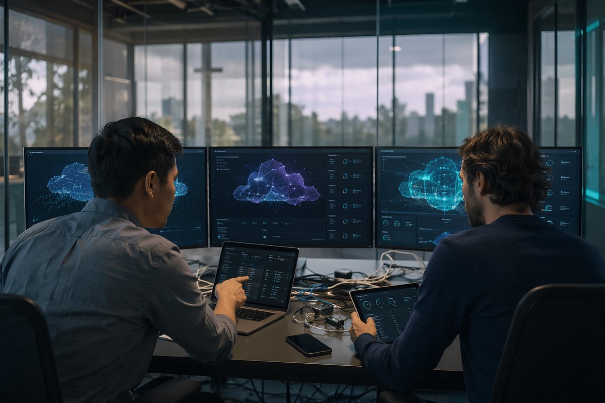 Multicloud dashboard showing linked cloud servers and AI security challenges across networks