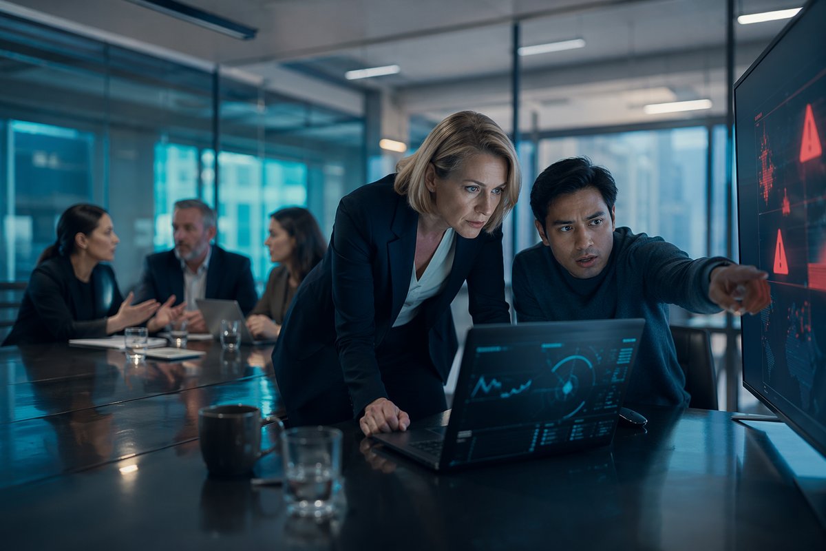 Executive ignoring AI security challenges while team reviews warning dashboard and reports