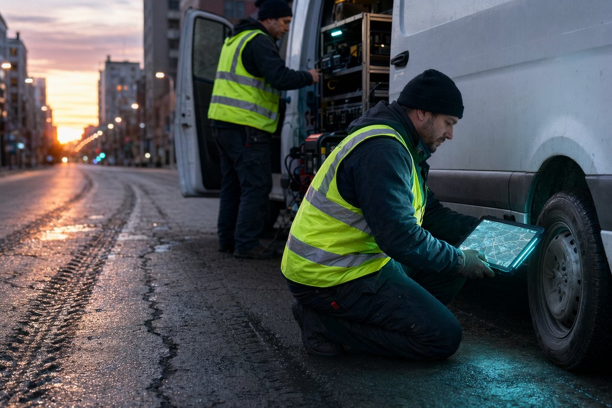 Illustration of AI skills in automotive industry analyzing pothole detection data on a dashboard