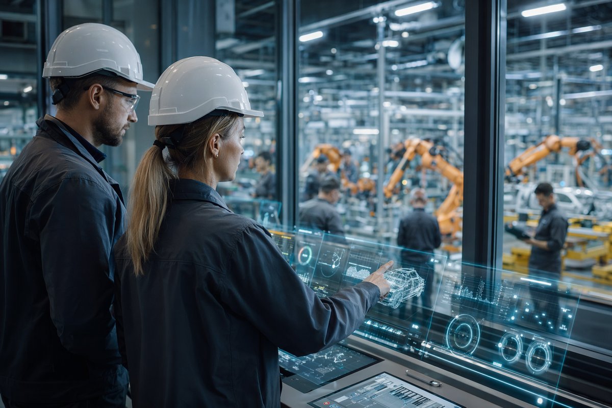 Automotive factory leader reviewing AI skills in automotive industry dashboard on tablet