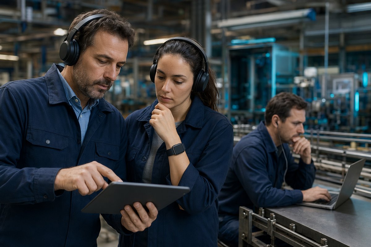 Manufacturing team reviewing AI-generated podcast technology workflow on a factory dashboard