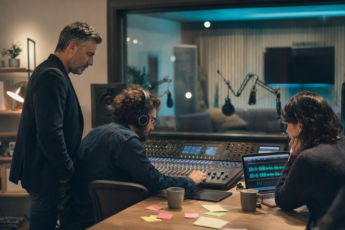 Executive team reviewing AI-generated podcast technology dashboard beside personalization and process control charts