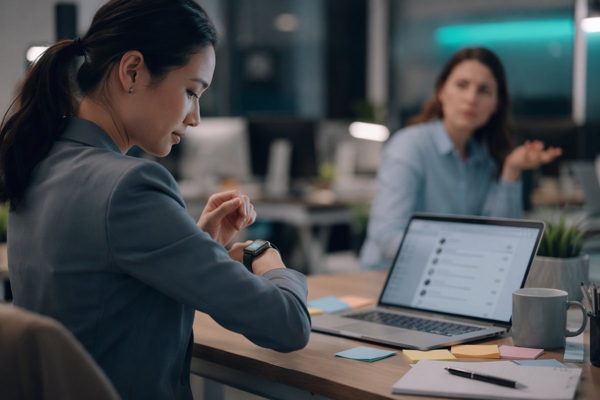 Amazon Bee wearable on a desk beside a smartphone and notebook