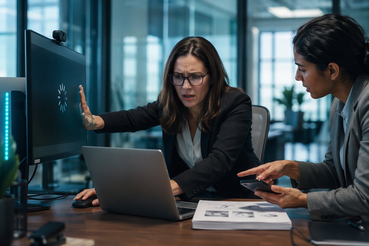Business professionals reviewing AI search automation results on a laptop screen