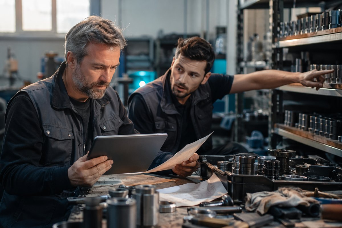 Manufacturing leader reviewing AI search automation results with Google AI Overviews on a screen