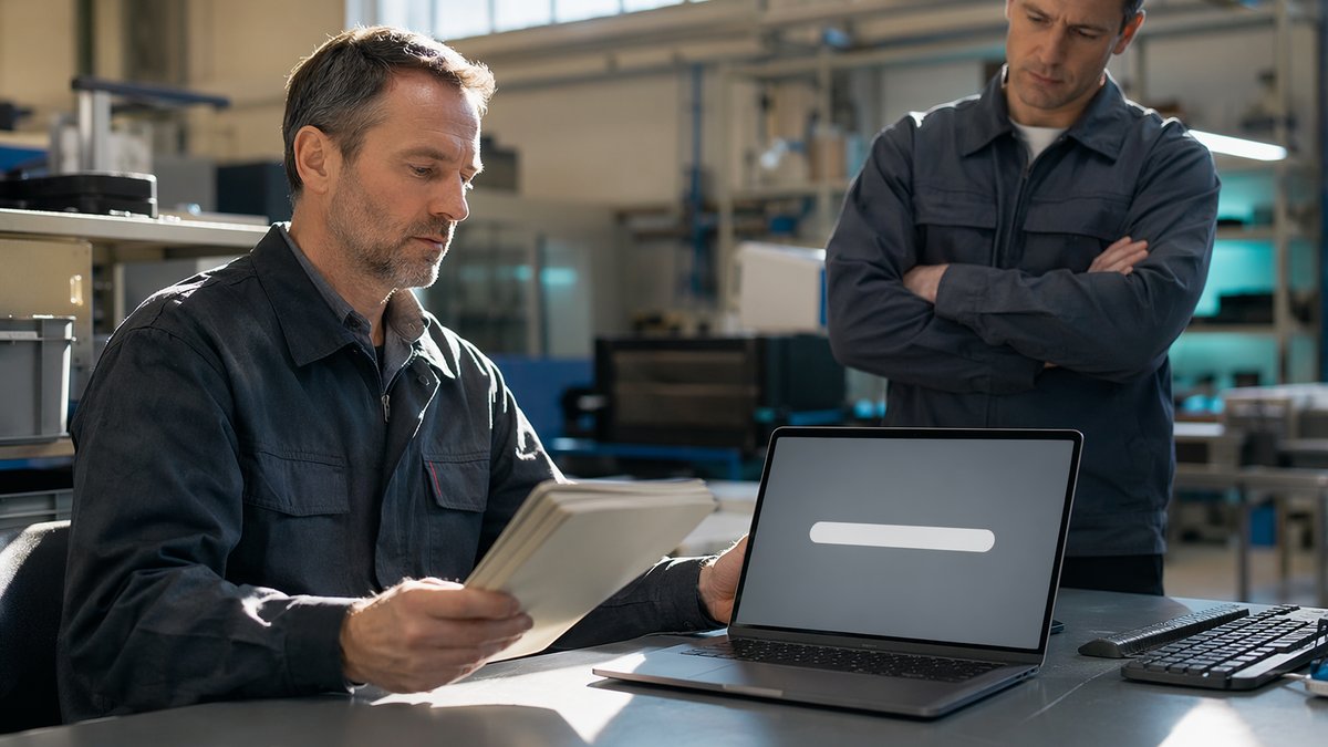 Manufacturing leader reviewing AI-free search options on a desktop dashboard