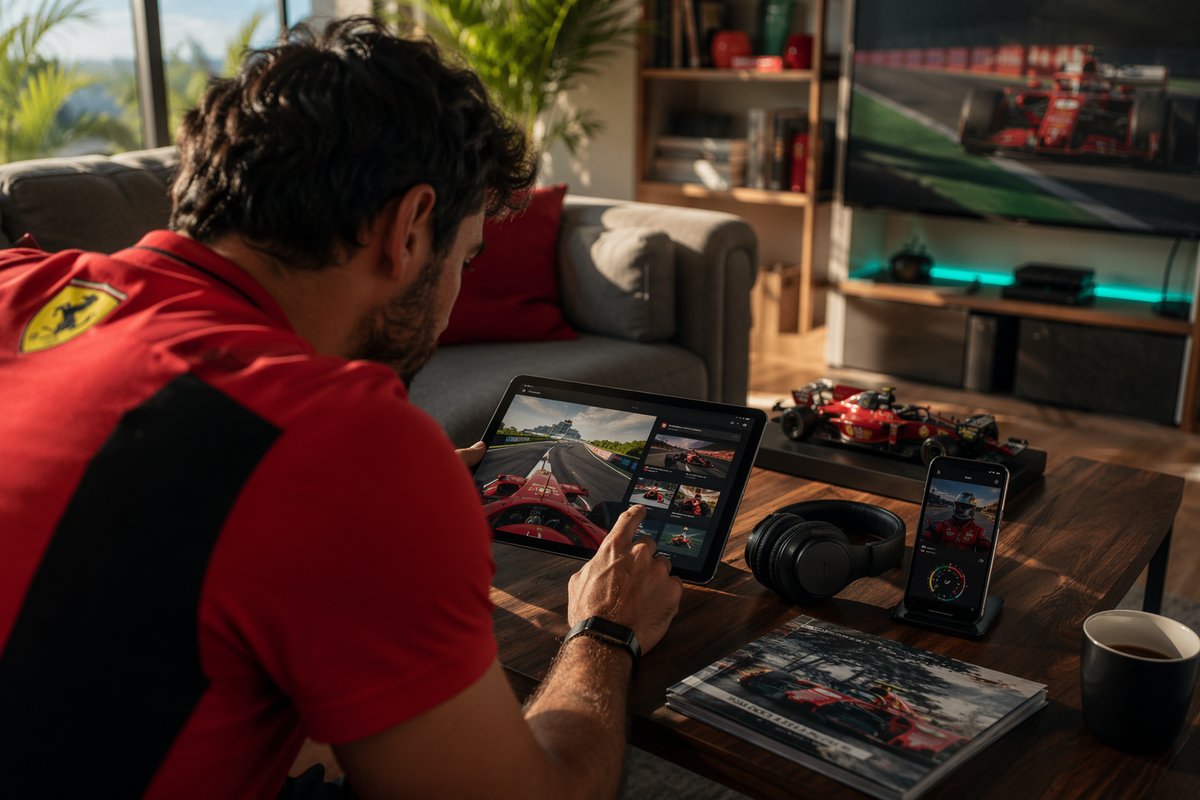 Ferrari fan app dashboard showing AI-driven F1 fan engagement with live race data