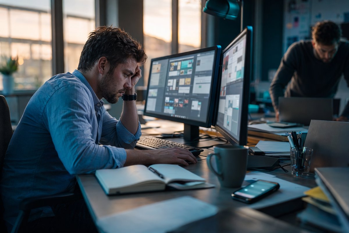 Busy leader repeating searches on a laptop as Google AI agents save time