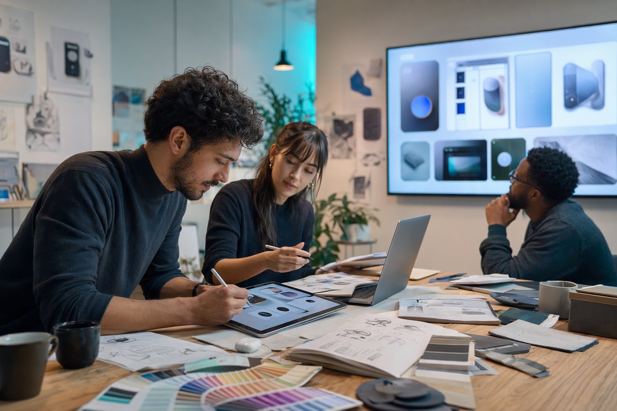 AI-powered design tools displayed on a laptop beside charts and creative mockups