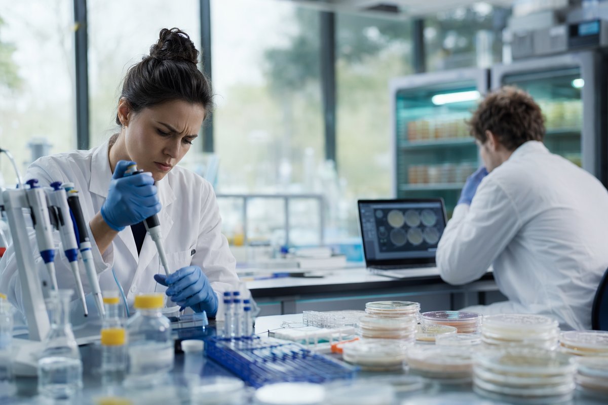 Factory scientist examining enzyme models, illustrating AI enzyme engineering bottlenecks in development