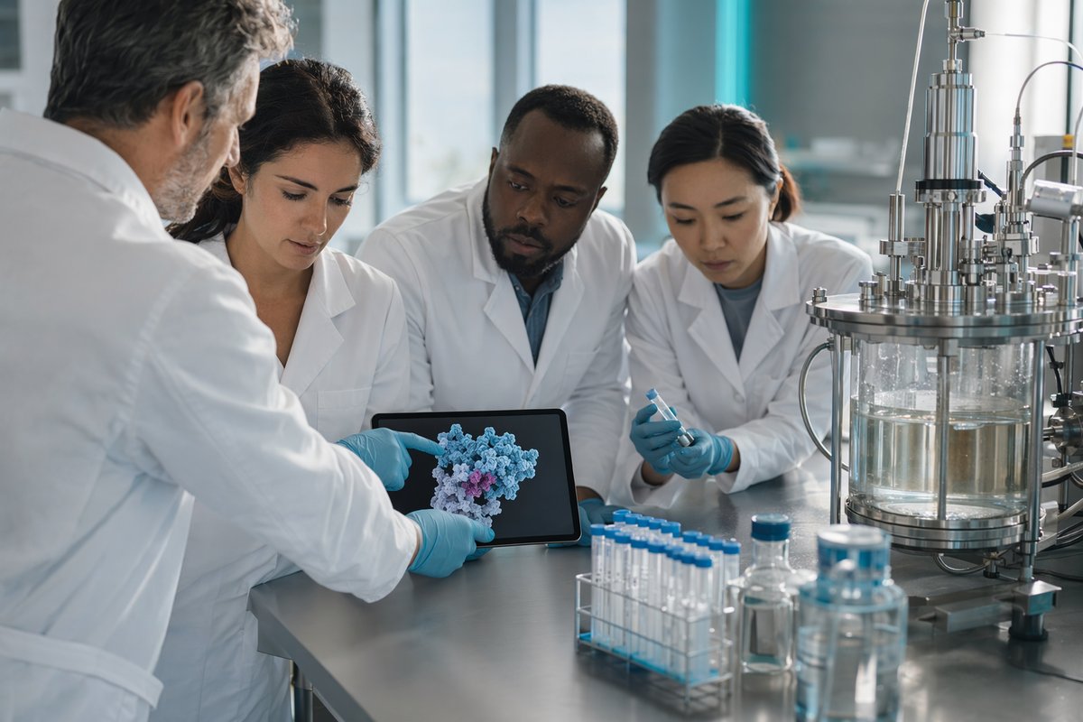 Executive team reviewing AI enzyme engineering workflow chart for manufacturing efficiency