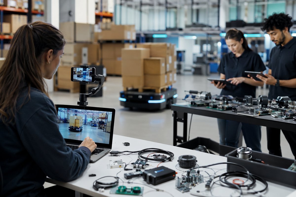 Robotic arm assembling parts beside screens displaying robot training data metrics