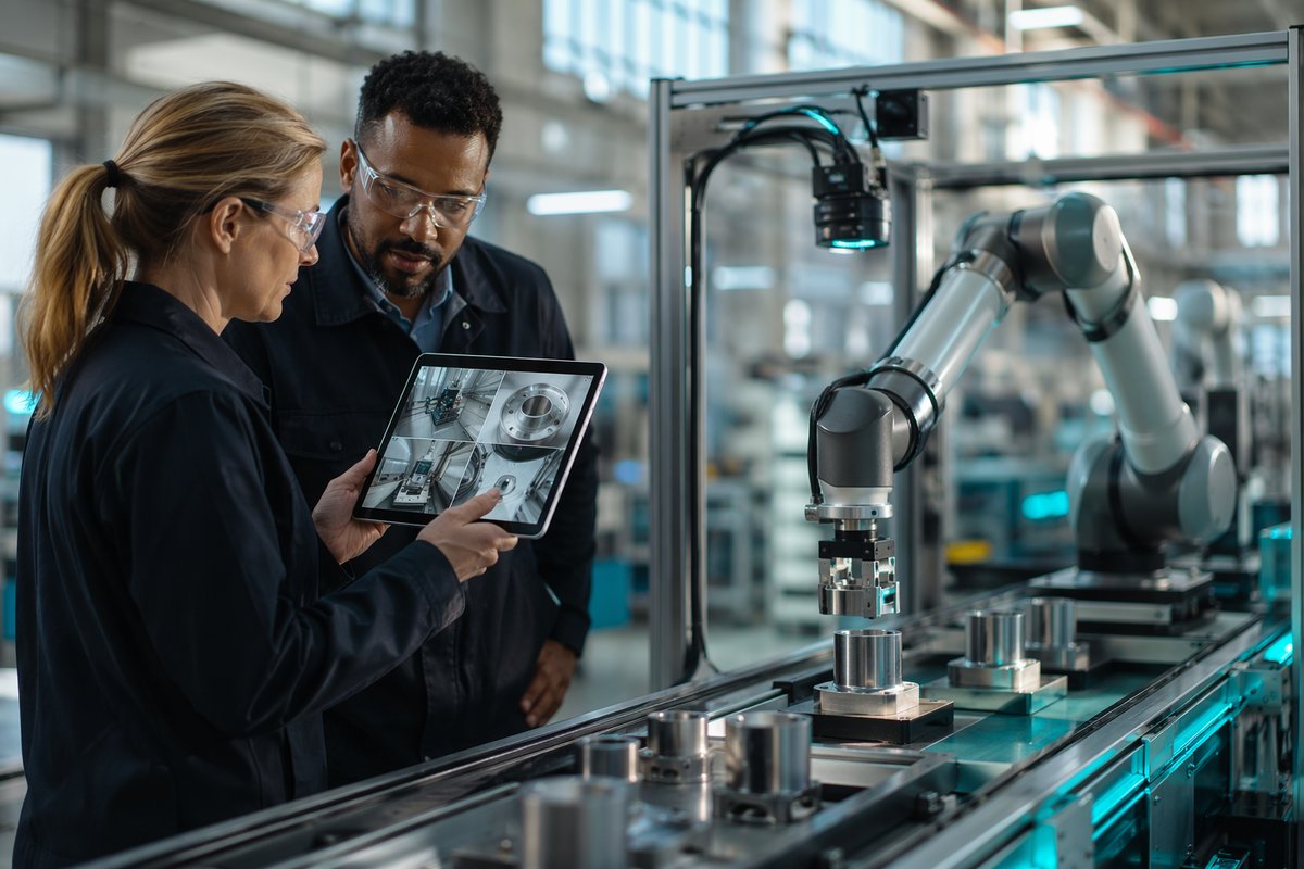 Factory supervisor reviewing robot training data on a digital dashboard in a factory