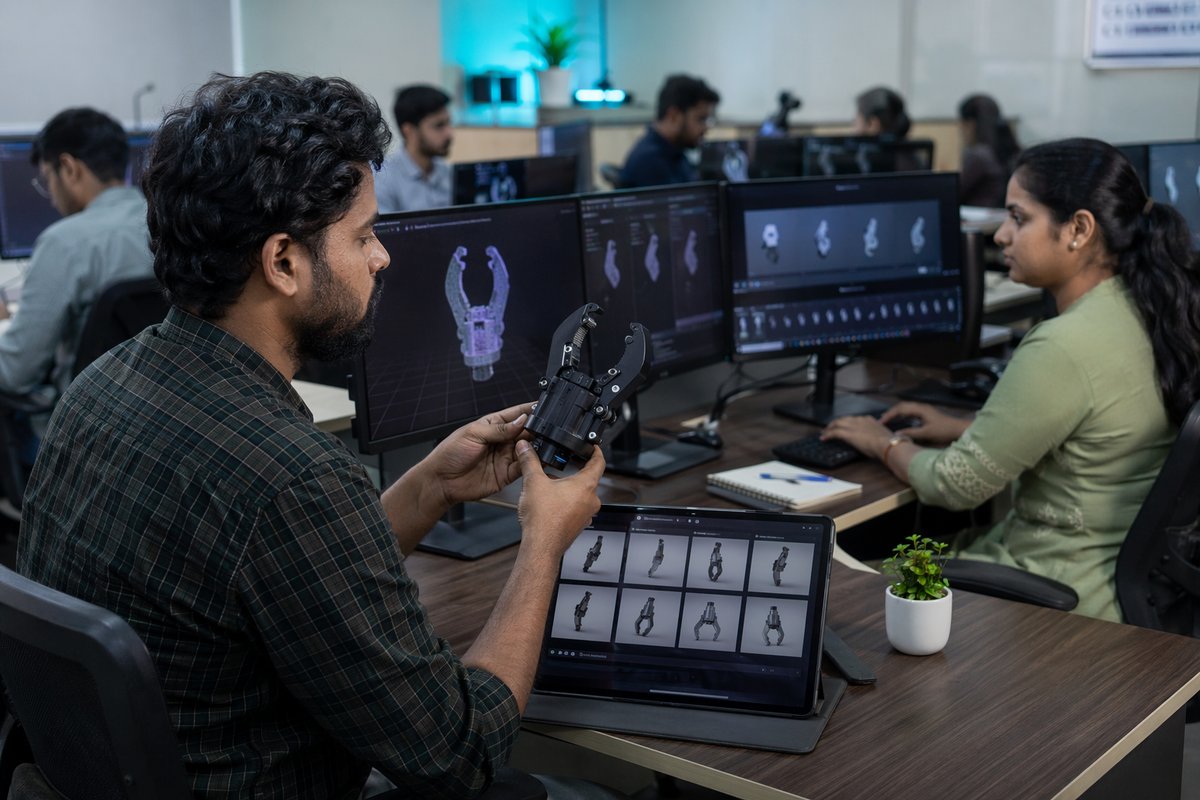 Indian gig workers labeling robot training data on laptops in a busy office