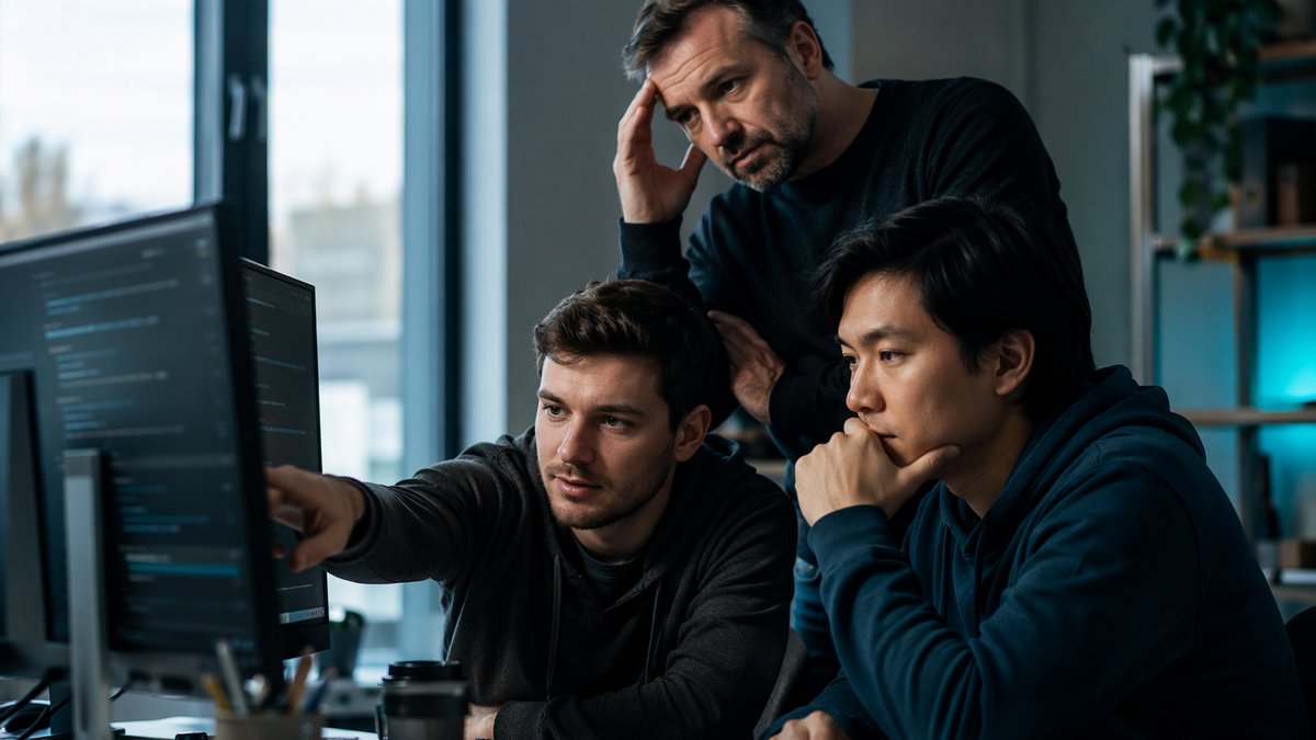 AI deskilling programming alarm shown on a worried tech team reviewing code