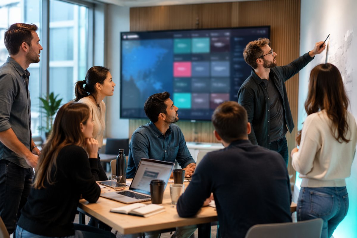 Peec AI revenue growth dashboard displayed during an all-hands team meeting