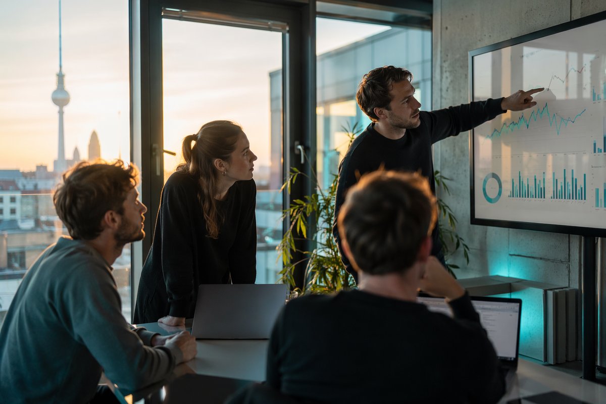 Peec AI revenue growth headline over Berlin startup skyline and analytics graphics