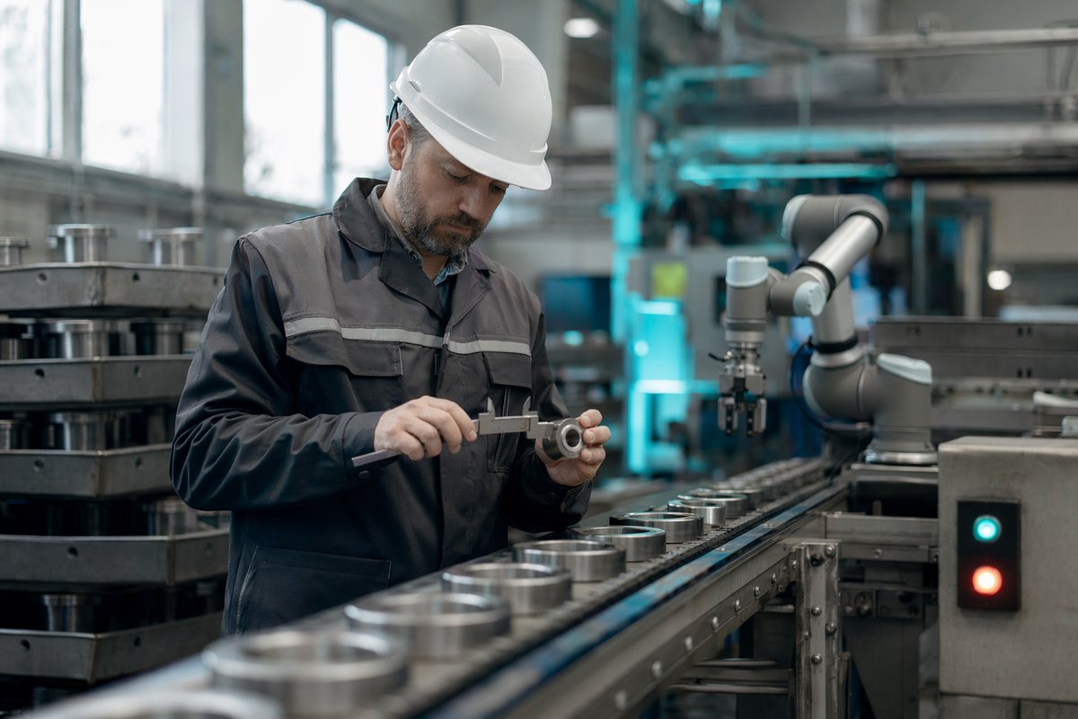 Factory workers and physical AI robots in manufacturing inspect products on assembly line